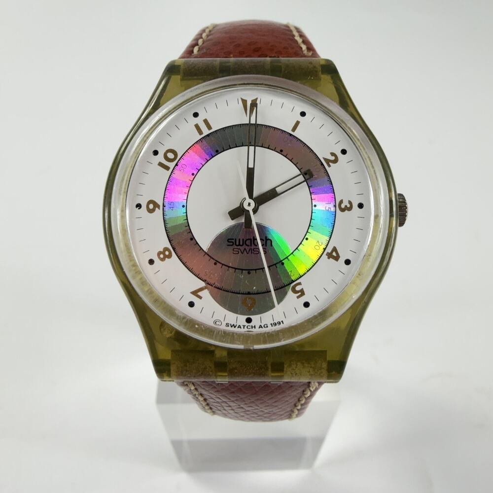 Vintage Swatch Mens Watch Orly GM110 34mm White Dial Brown Leather Strap Swiss
